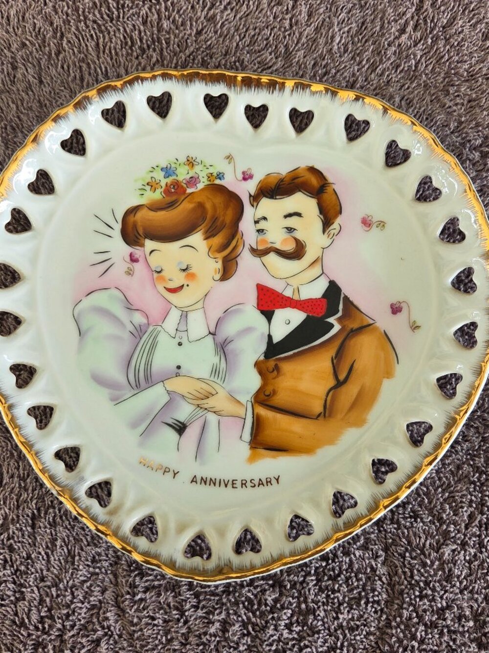 VTG Norcrest Happy Anniversary Couple Pierced Heart Decorative Plate Valentine